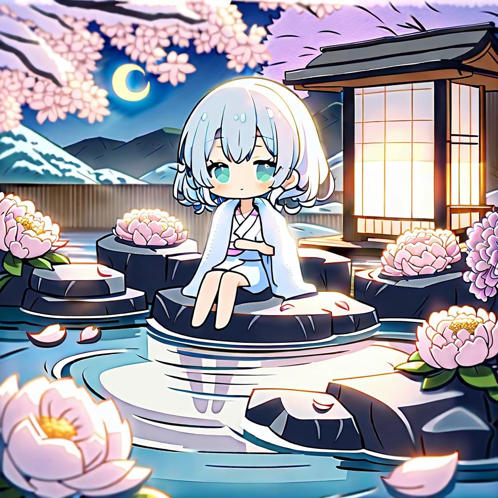 Chibi Girl Relaxing in Hakone Onsen in Anime Style