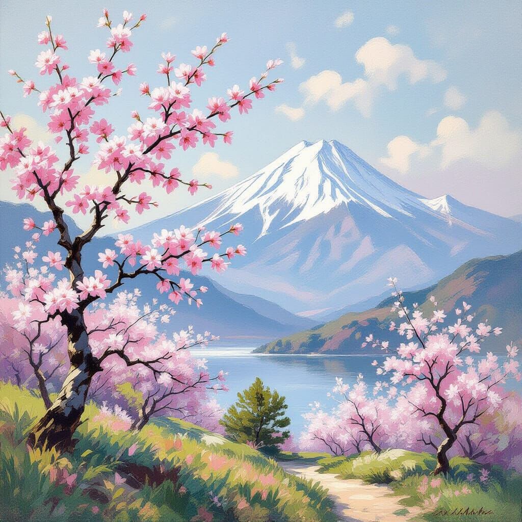Impressionistic Cherry Blossoms With Snow-Capped Mountains