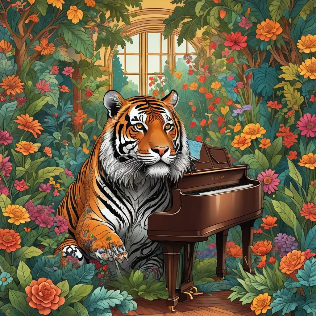 Tiger on Grand Piano in Abstract Fractal Style