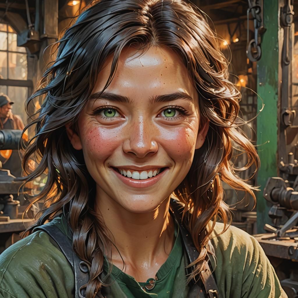 Hyperrealistic Portrait of a Smiling Blacksmith Woman