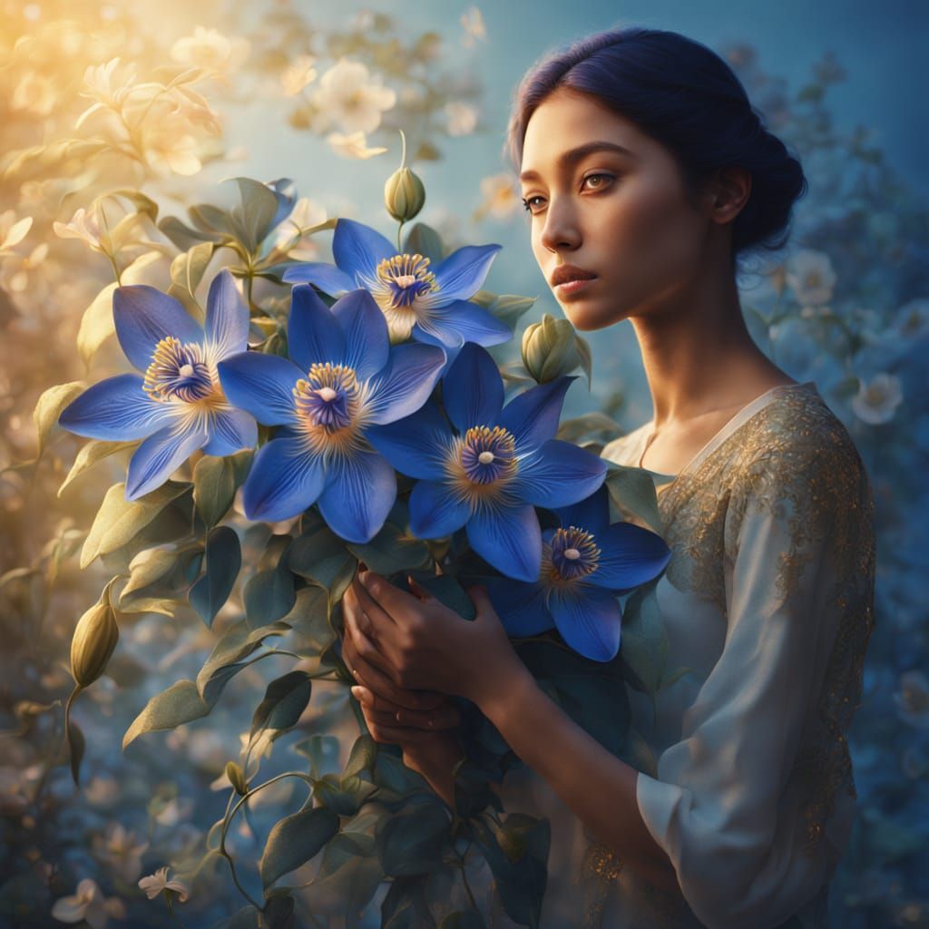 Blue Passion Flowers in Surreal Hyperrealistic Portrait