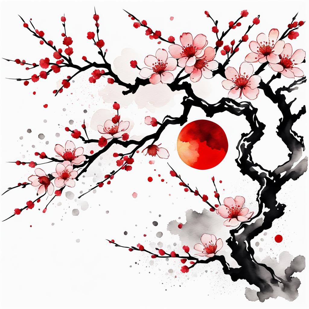 Japanese Cherry Blossom and Sun in Watercolor Style