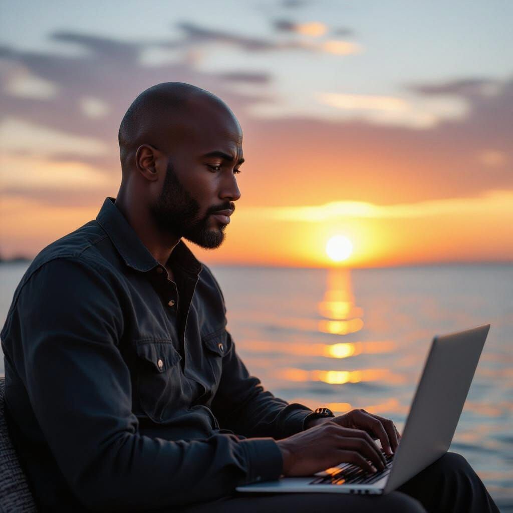 Bald Black Man Shane Works on Laptop by the Sea at Sunset