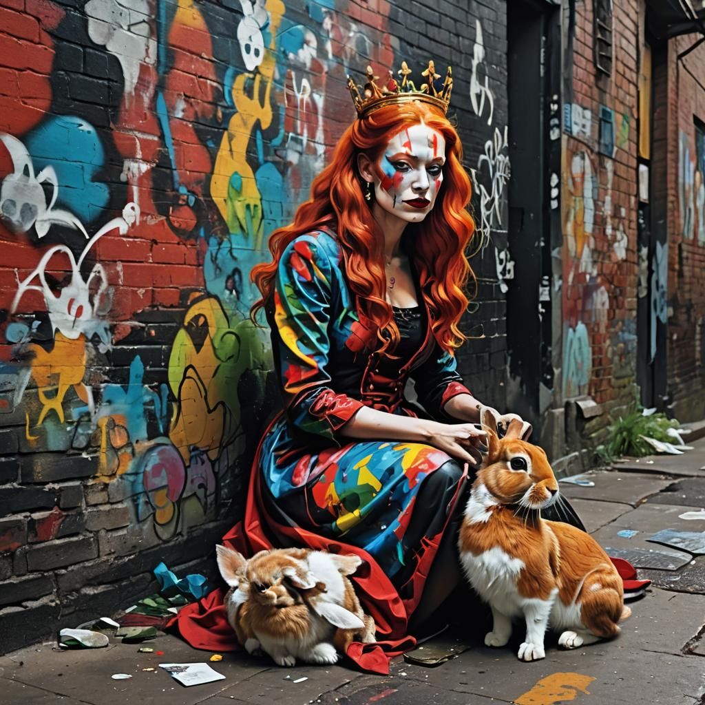 Red-Headed Queen Overseeing Alleyway in Surreal Style