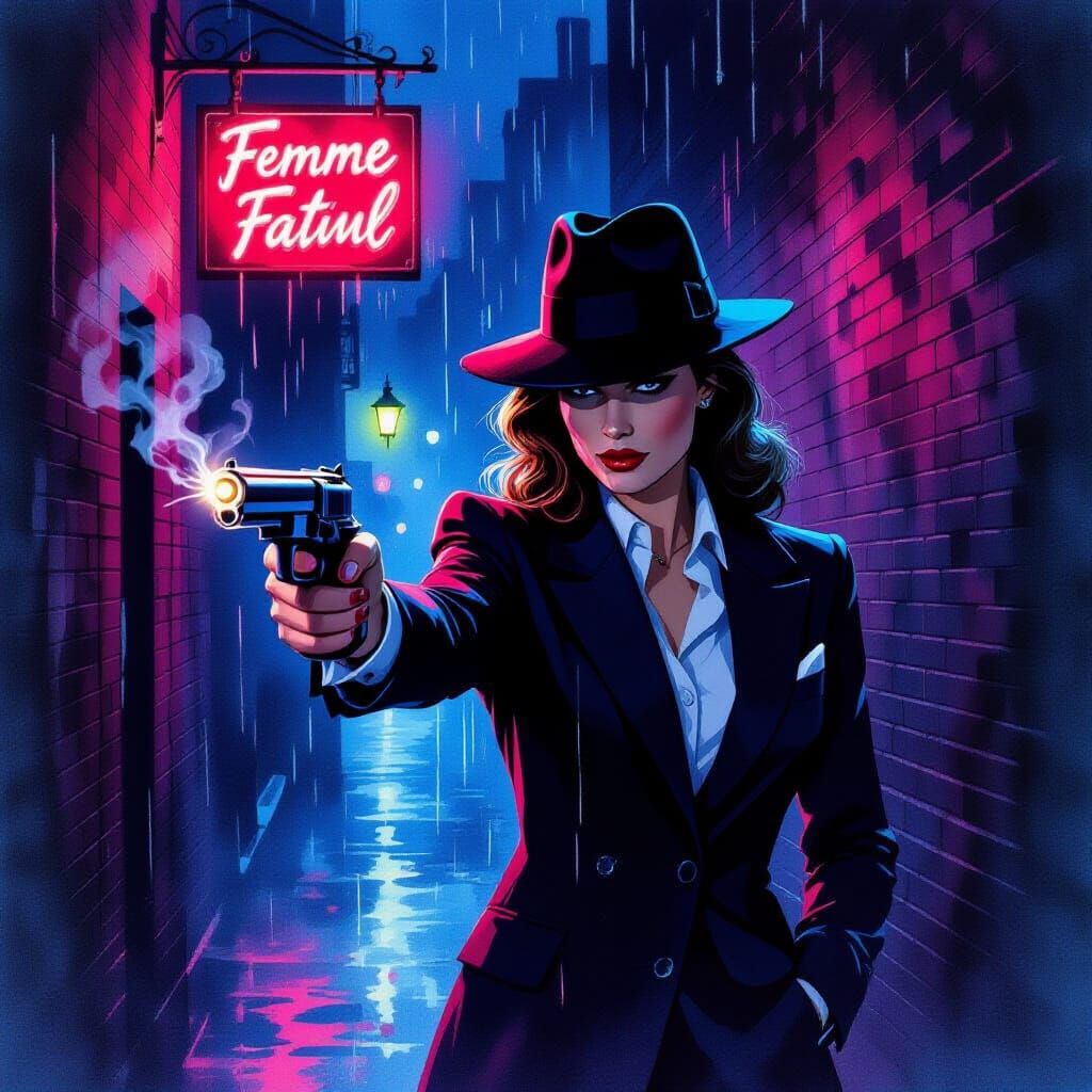 Mysterious Femme Fatale in Noir Alleyway