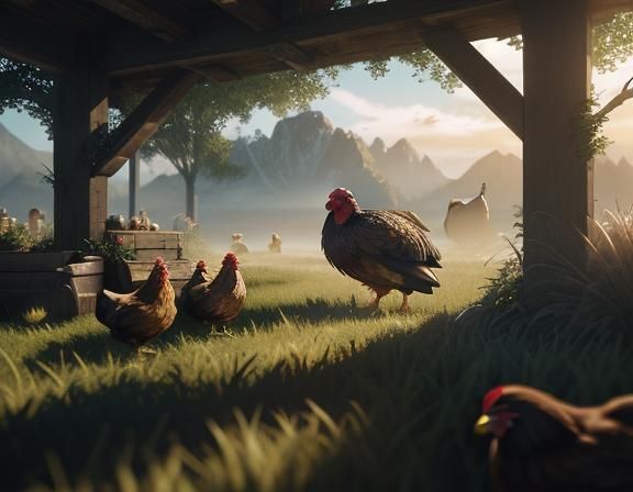 Hobbit Woman Surrounded by Chickens: 3D Game Art