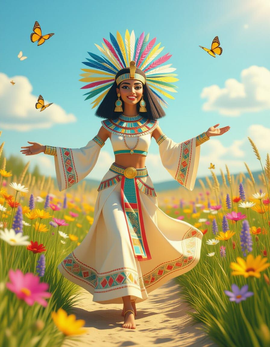 Ancient Egyptian Dancer in Flower Meadow, 3D Render