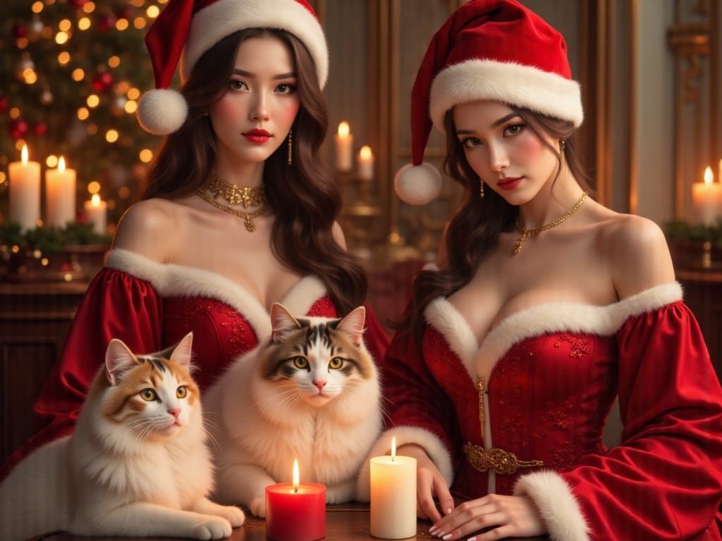 Stunning Women with Cats in Festive Christmas Glamour