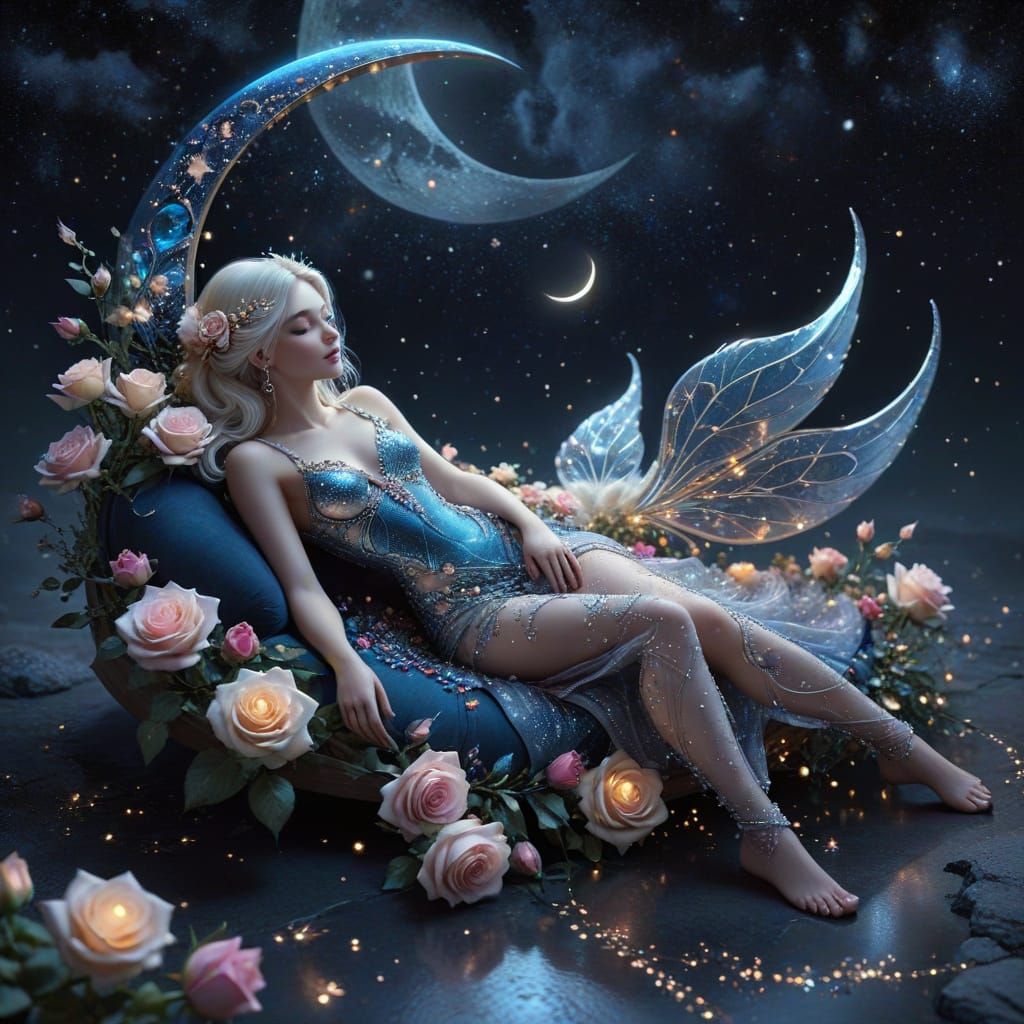 Night Fairy on Crescent Moon in Vibrant Digital Art