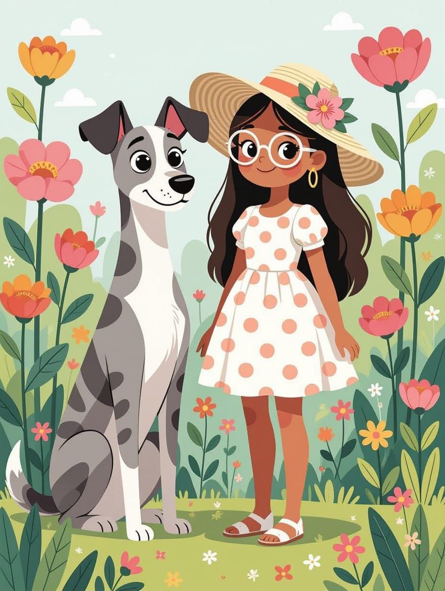 Stylish Girl and Striped Dog in Watercolor Garden