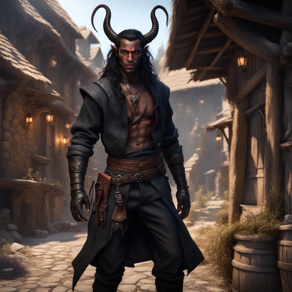 Tiefling Rogue in Village: Fantasy Concept Art