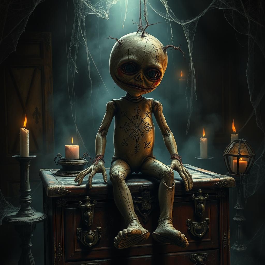 Creepy Voodoo Doll in Gothic Mystical Chamber