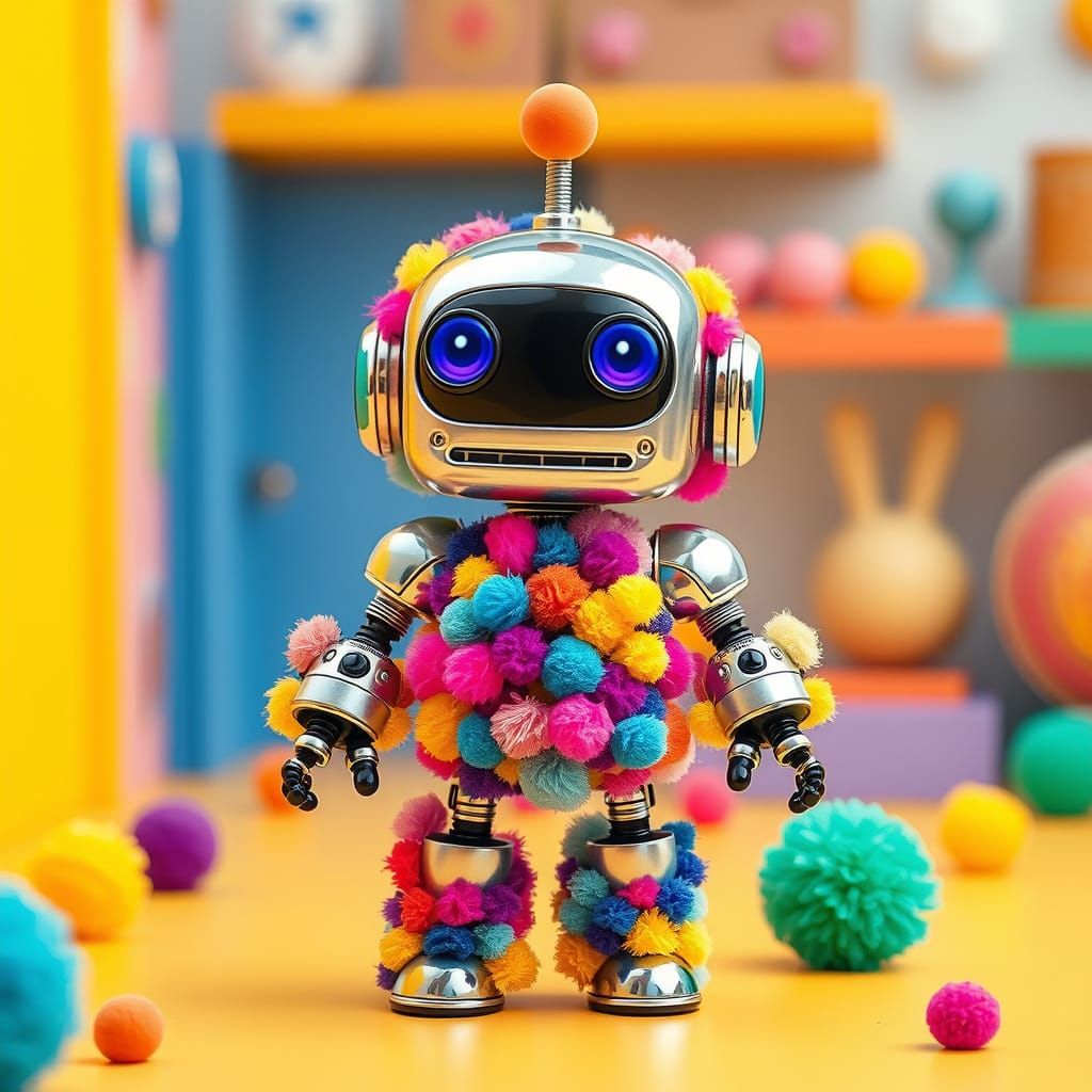 Colorful Pompom Robot in Whimsical Style