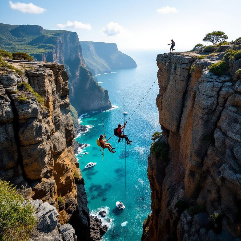 Lovers Rappelling Across a Cliffside Chasm