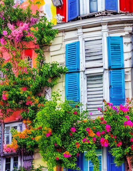Vibrant Flower Garden Amidst Cozy City Row Houses