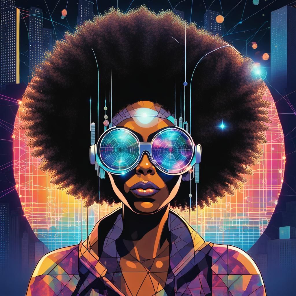 Afrofuturistic Woman in Cosmic Cityscape Pop Art