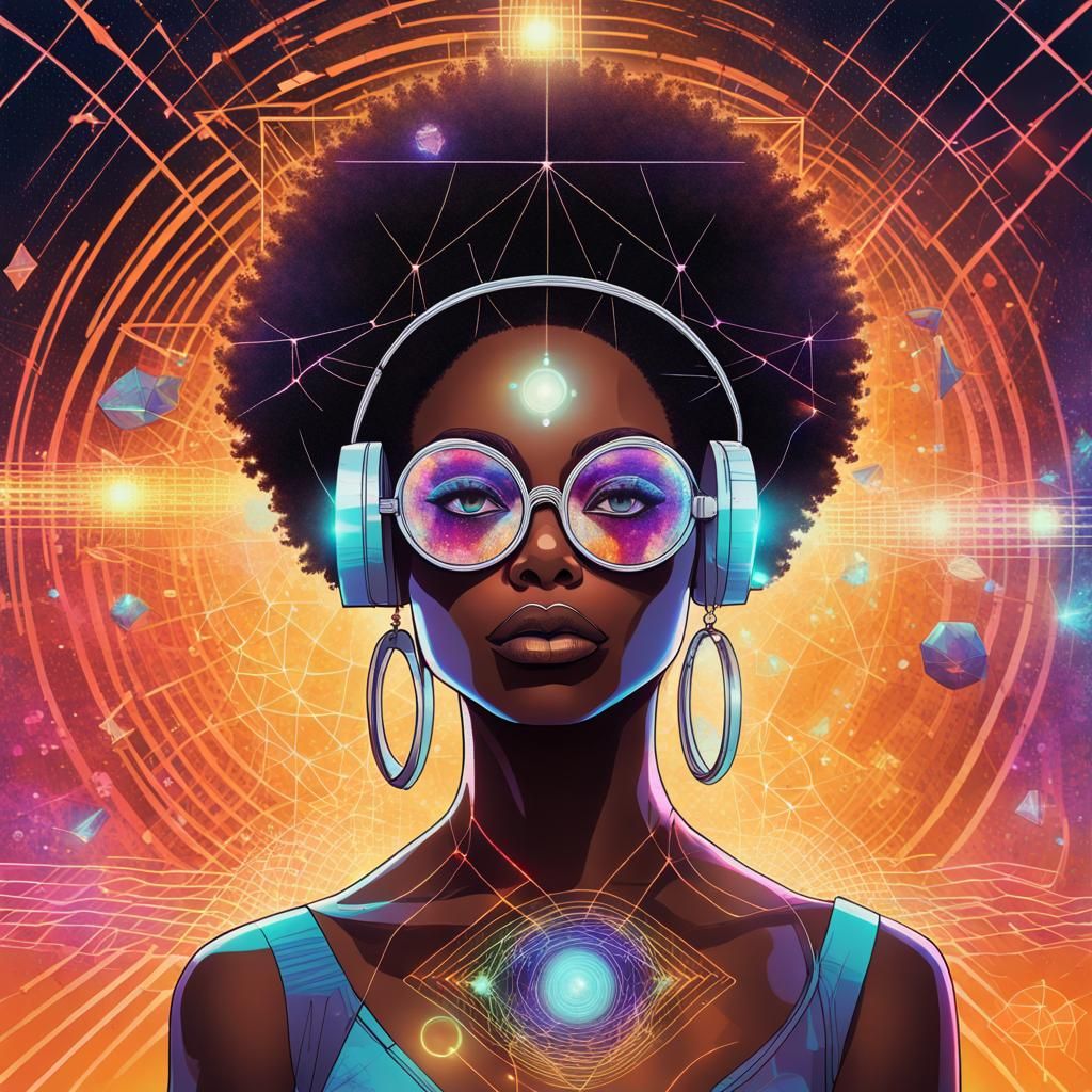 Afrofuturistic Woman in Cosmic Cityscape