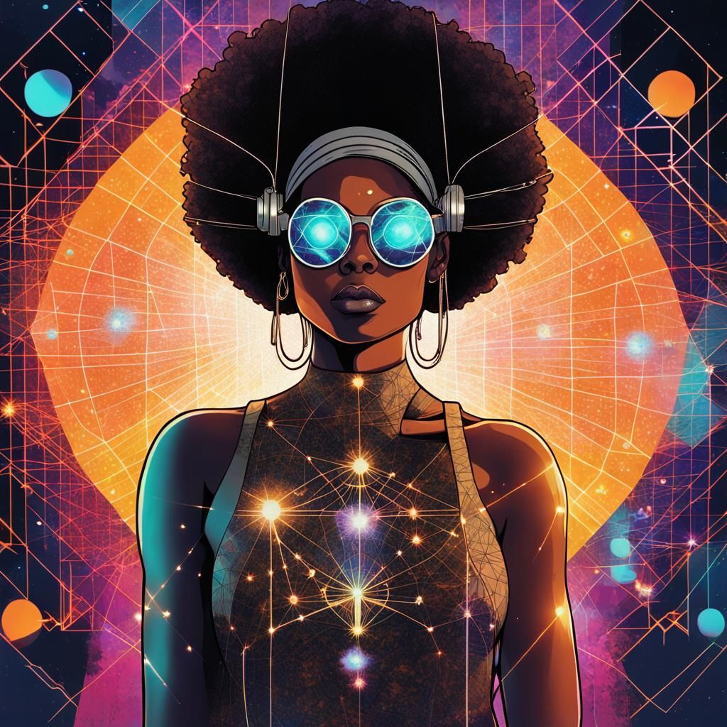 Afrofuturistic Woman with CD Glasses in Cosmic City