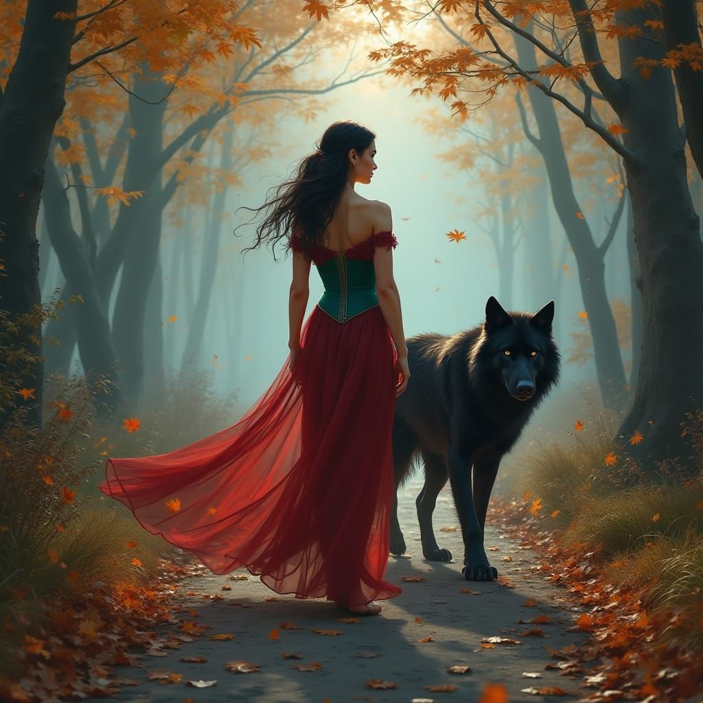 Ethereal Woman and Wolf in Autumn Forest