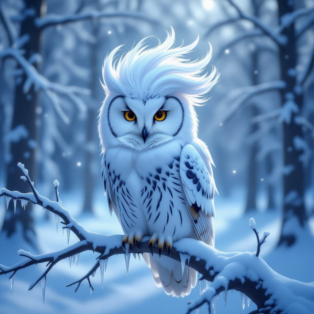 Regal Owl with Cloud Hairstyle in Winter Forest