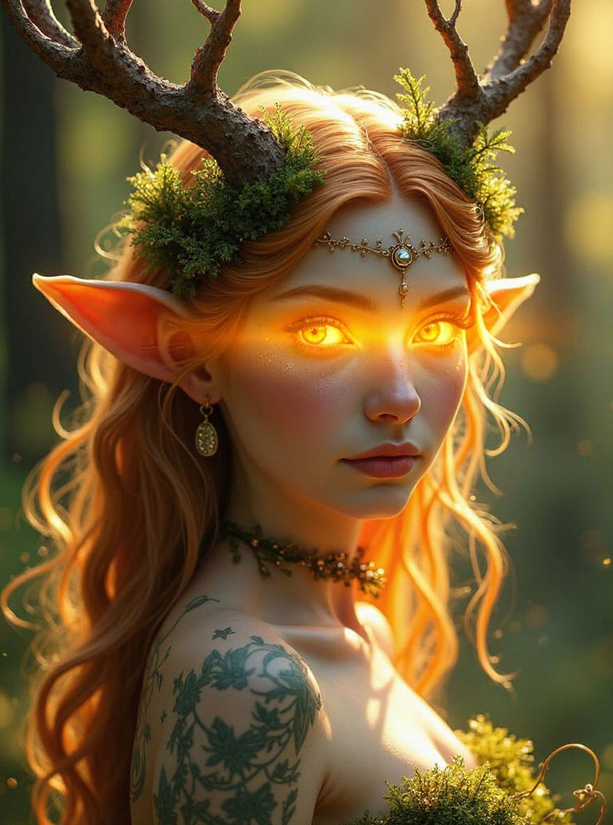 Ethereal Forest Princess with Antlers and Golden Light