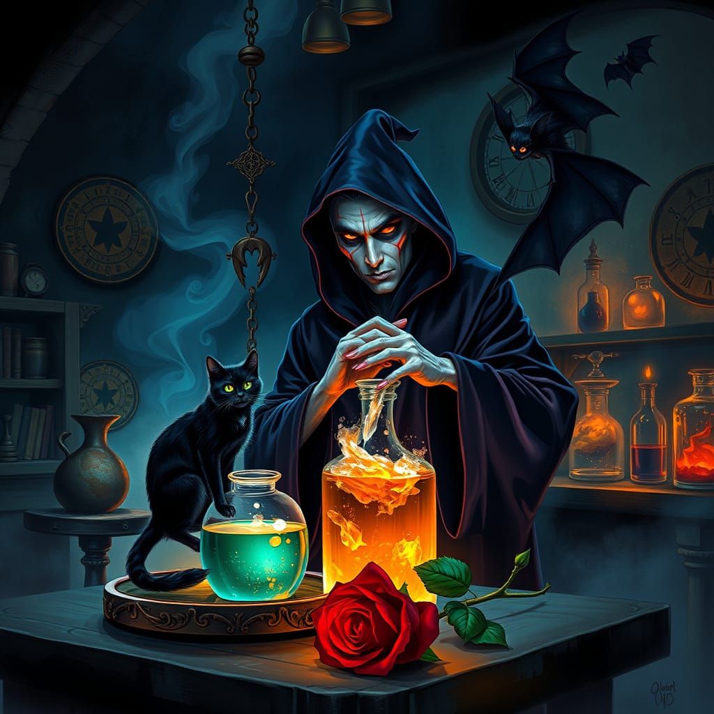 Magician Prepares Potions with Cat, Bat, and Rose in Ancient...