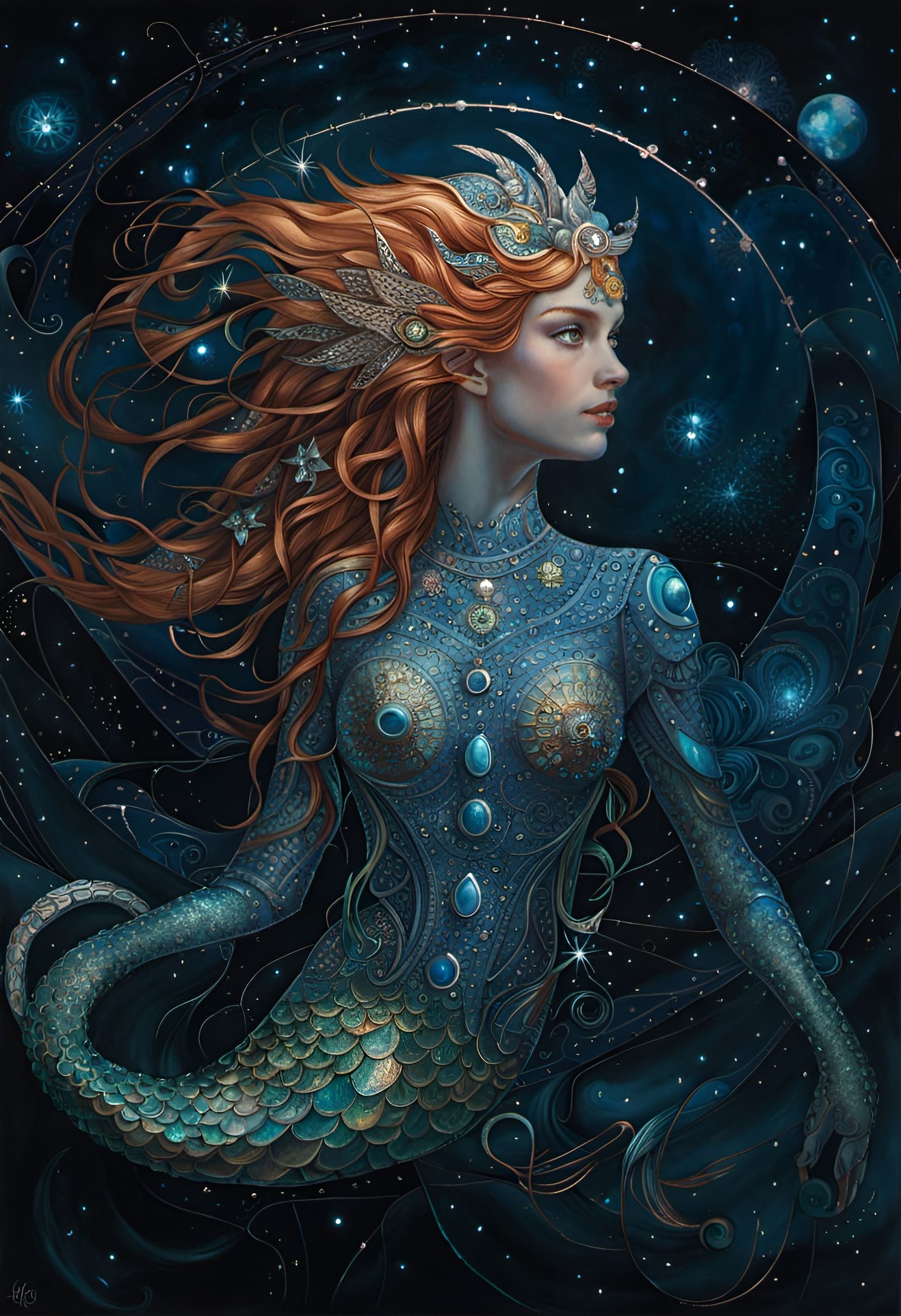 Celestial Mermaid Portrait with Copper Hair, Digital Art