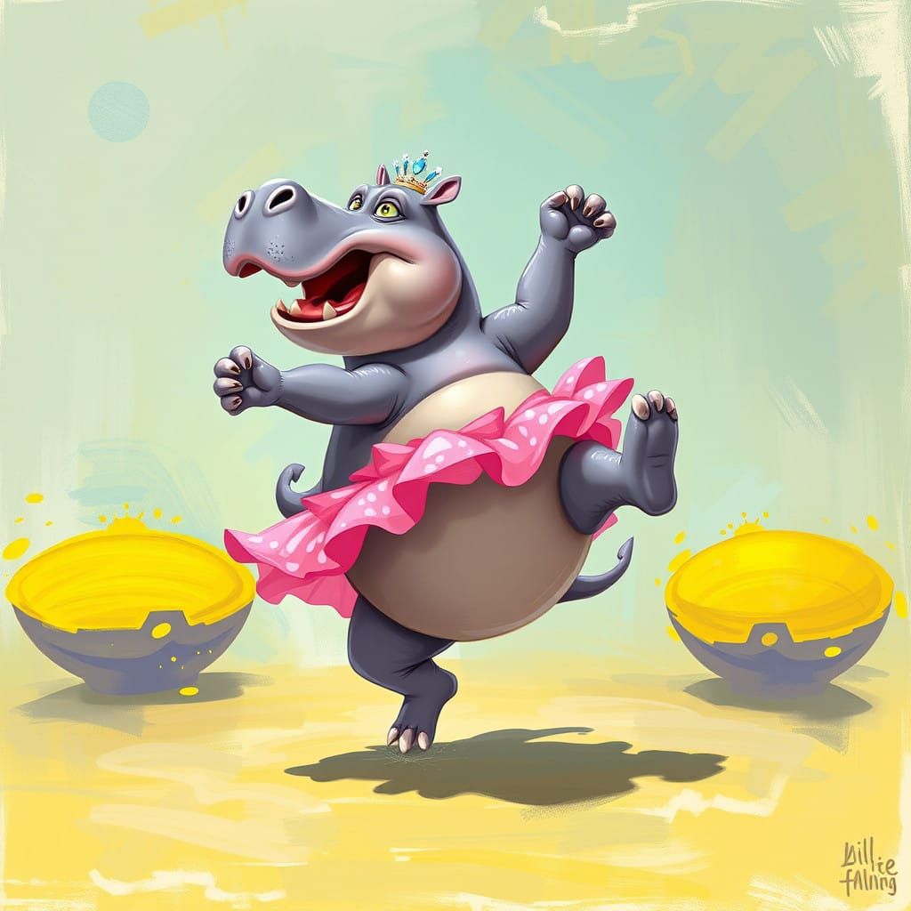 Whimsical Hippo Dancer in Vibrant Fantasy World