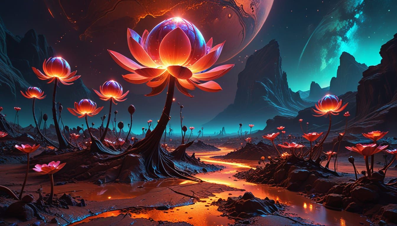 Surreal Digital Painting of a Bioluminescent Lotus on Mars