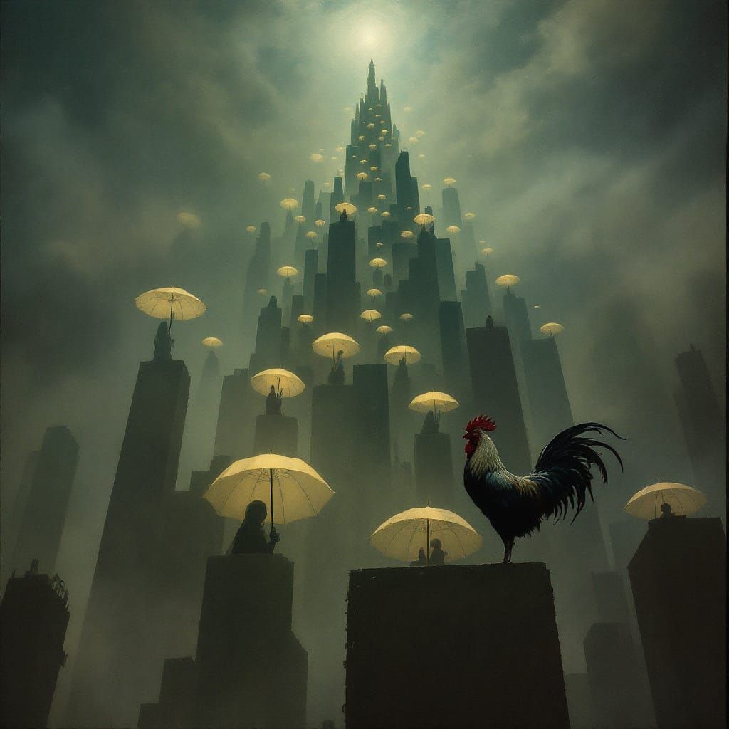 Rooster Ascends Cityscape in Surreal Blend of Styles