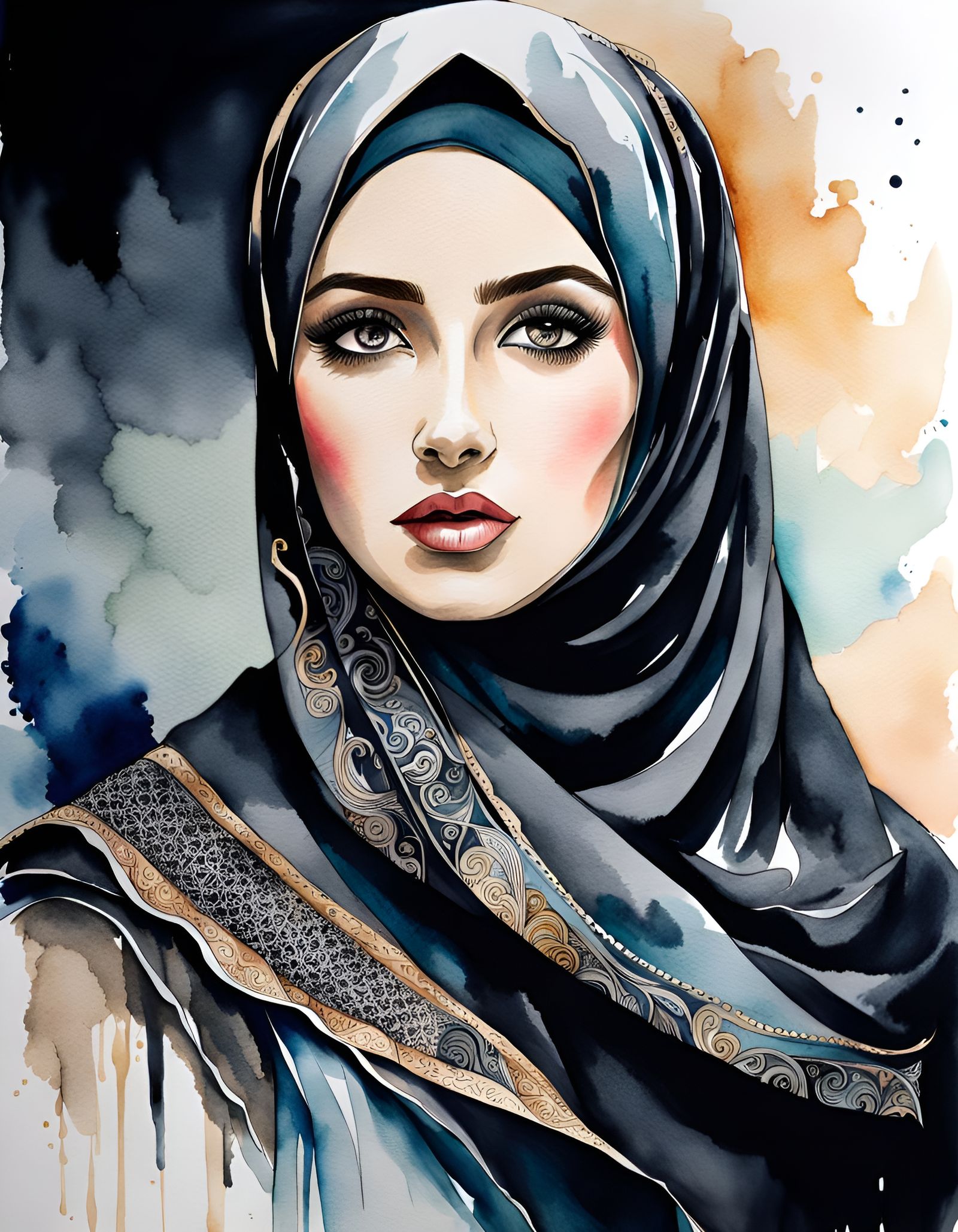 Dark-Haired Woman with Hijab in Watercolor Ink Drawing