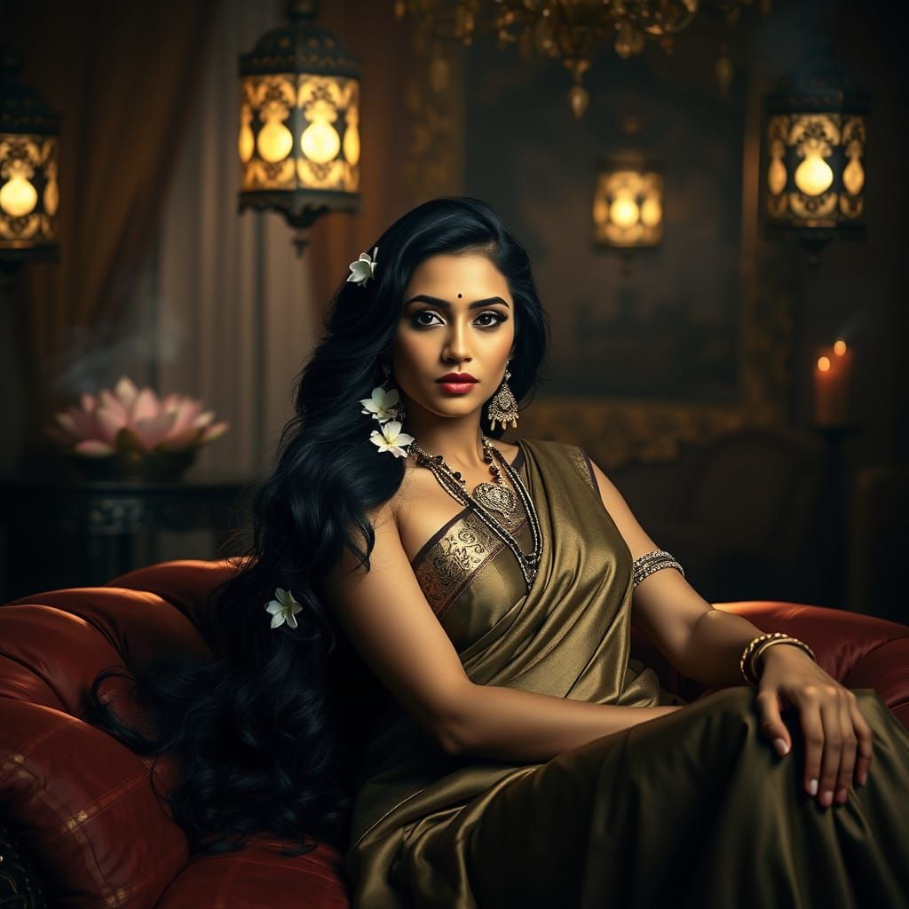 Sensuous Indian Woman Adorned with Jasmine Flowers
