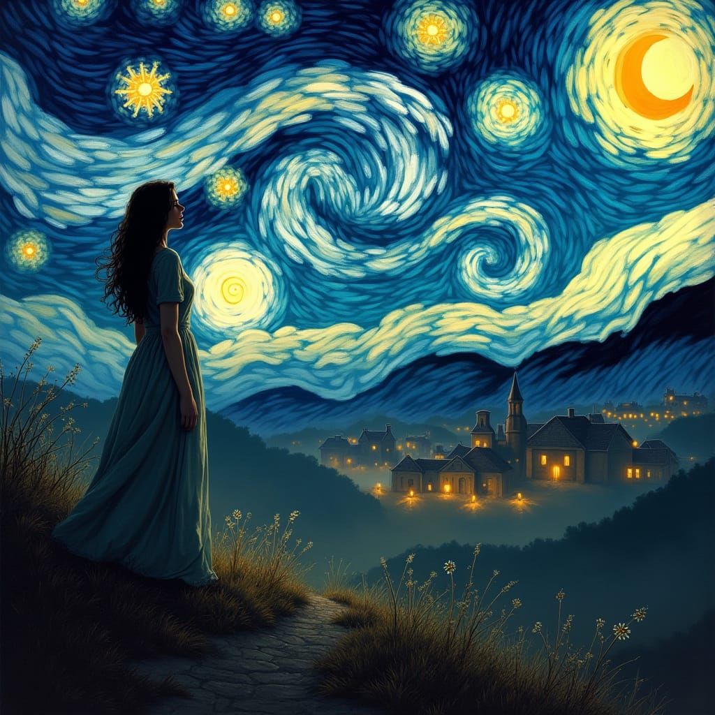 Woman in Starry Night Sky as Van Gogh Painting