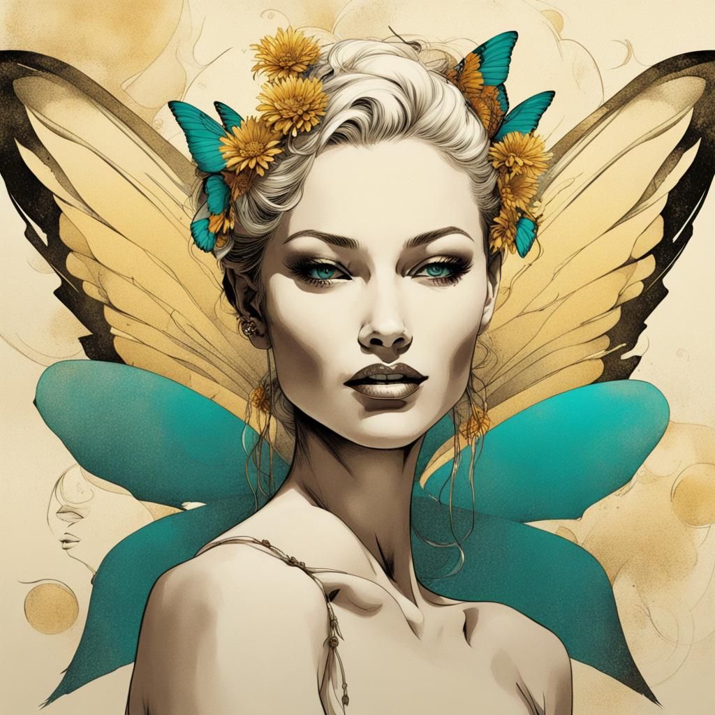 Sepia Angel Woman with Butterfly Wings