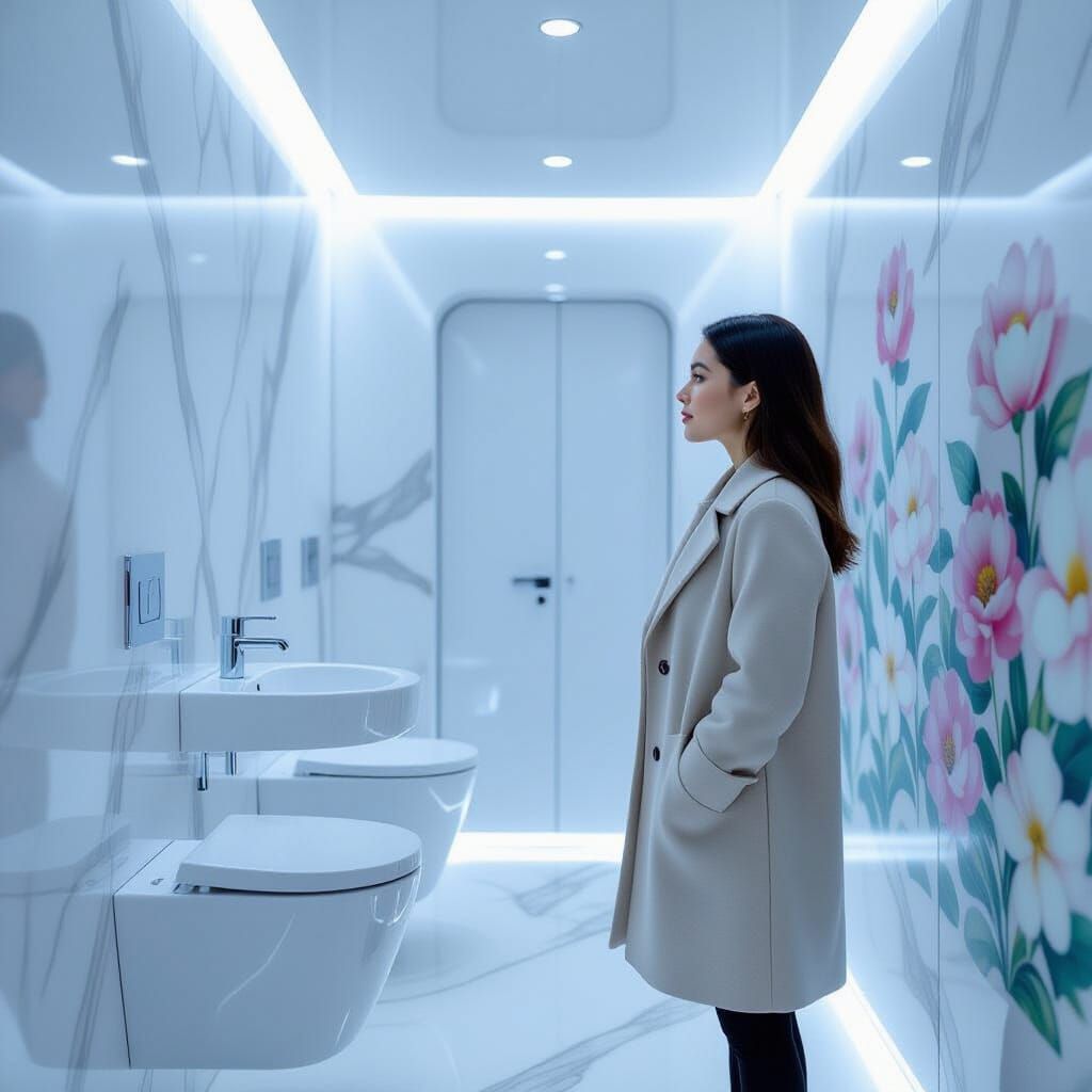 Woman Waits in Luxurious, Hyperrealistic Toilet Pavilion