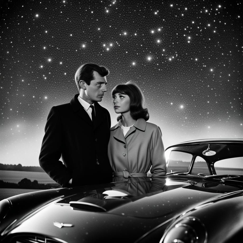 Romantic 1960s British Couple Under Starry Sky