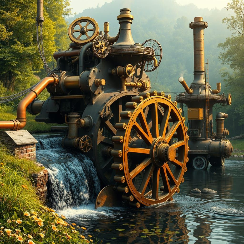 Steampunk Water Wheel in a Serene Riverside Landscape