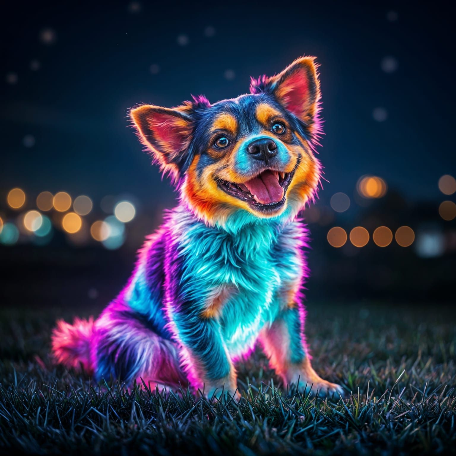 Joyful Dog Illuminated with Neon Lights Under a Whimsical Ni...