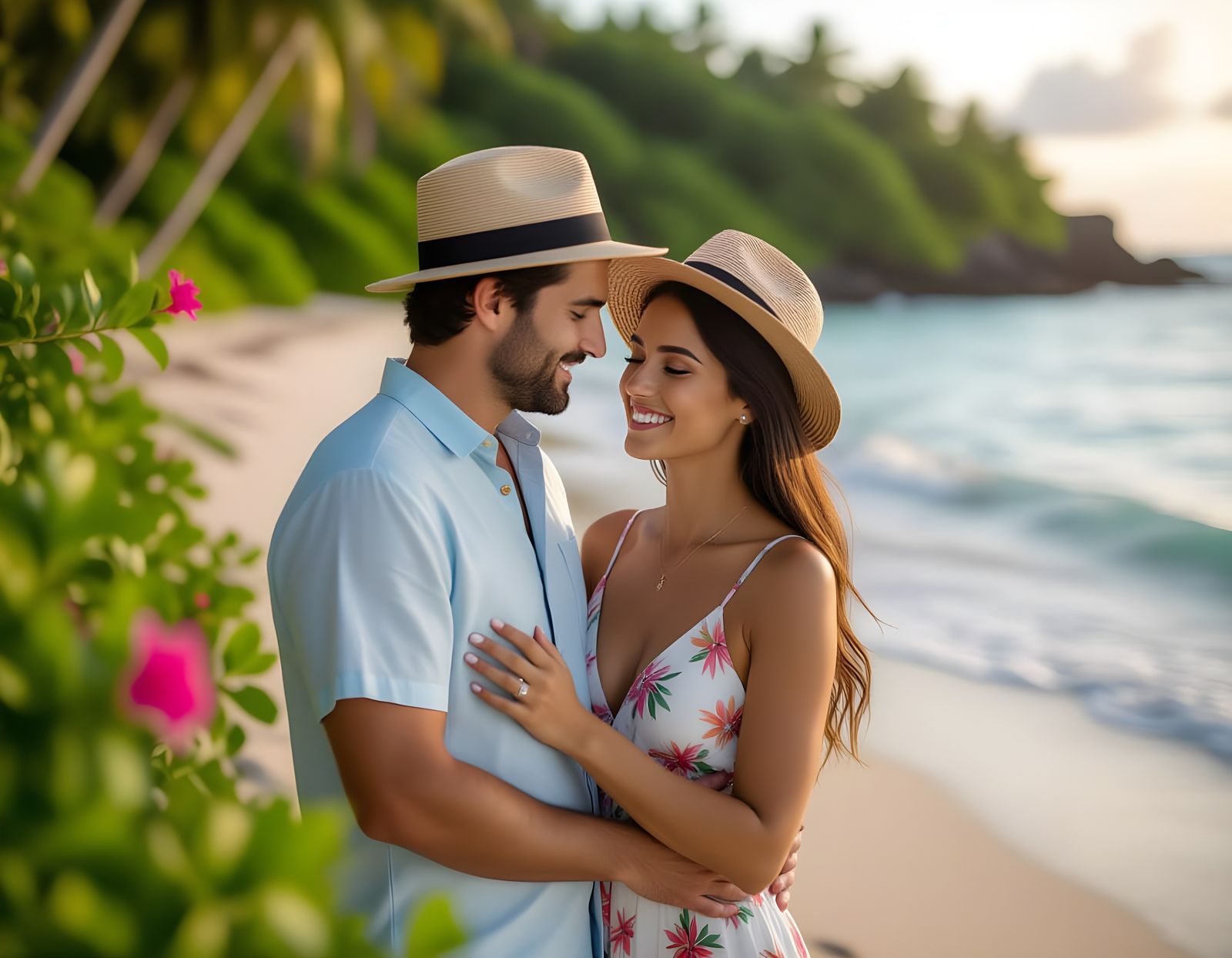 Romantic Seashore Meeting at Dawn: Hyperrealistic Photograph...