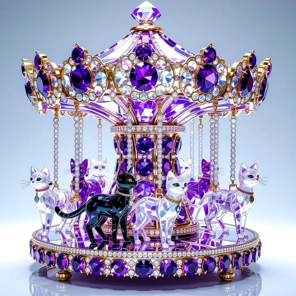 Crystal Carousel With Walking Cats Made of Swarovski Element...