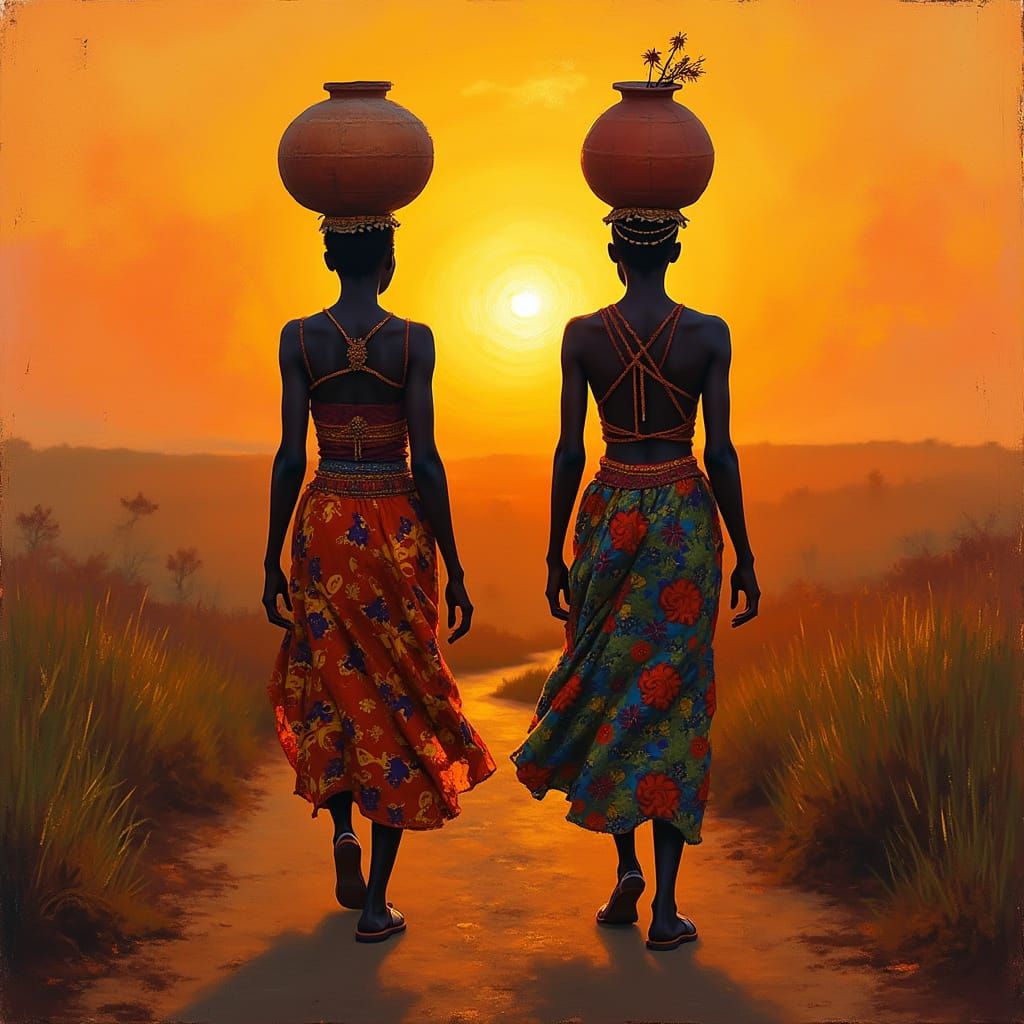 African Women Walking Toward Sunset in Earthy Tones
