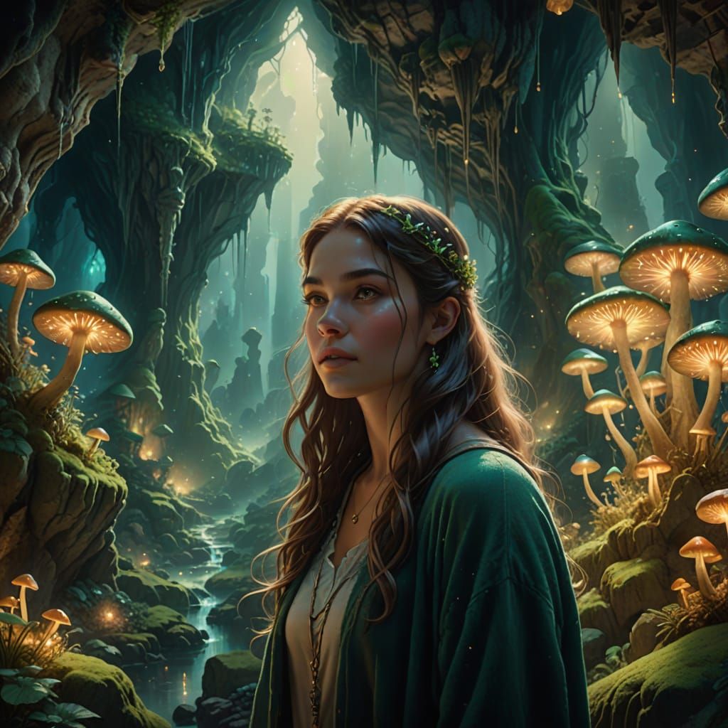 Ethereal Girl in a Mystical Cave Scene