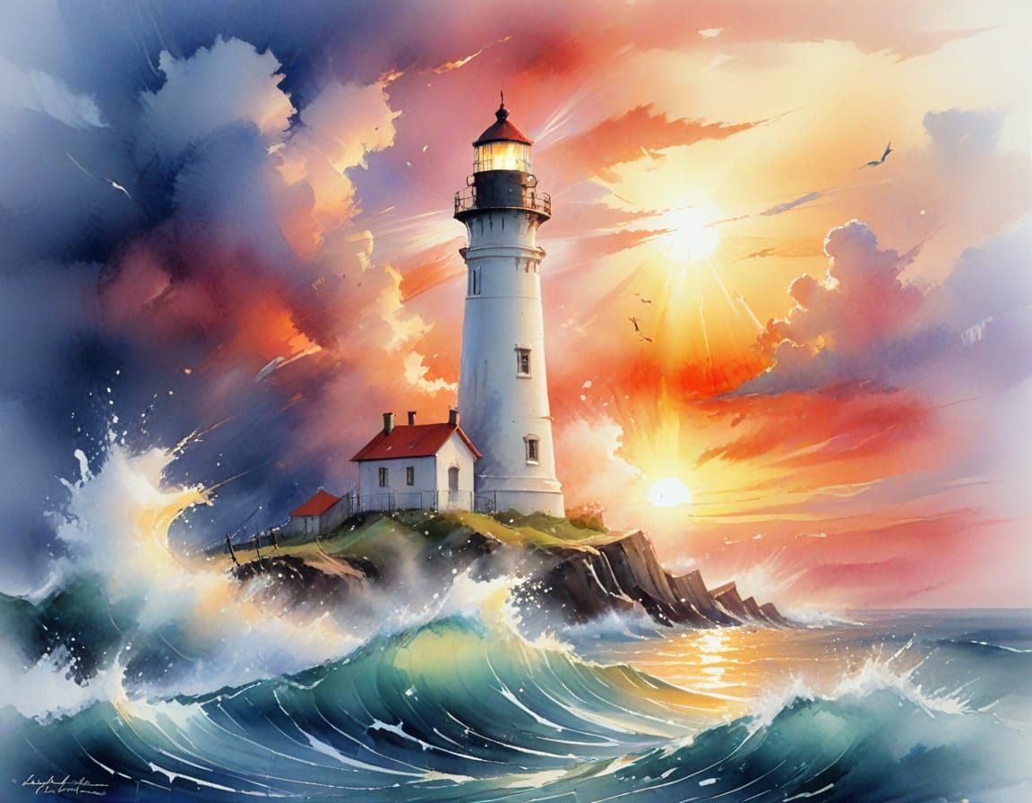 Sunset Ocean Storm Lighthouse in Watercolour Style