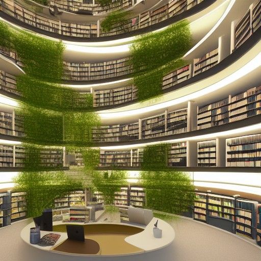 Futuristic Library with Climbing Vines in Golden Hour