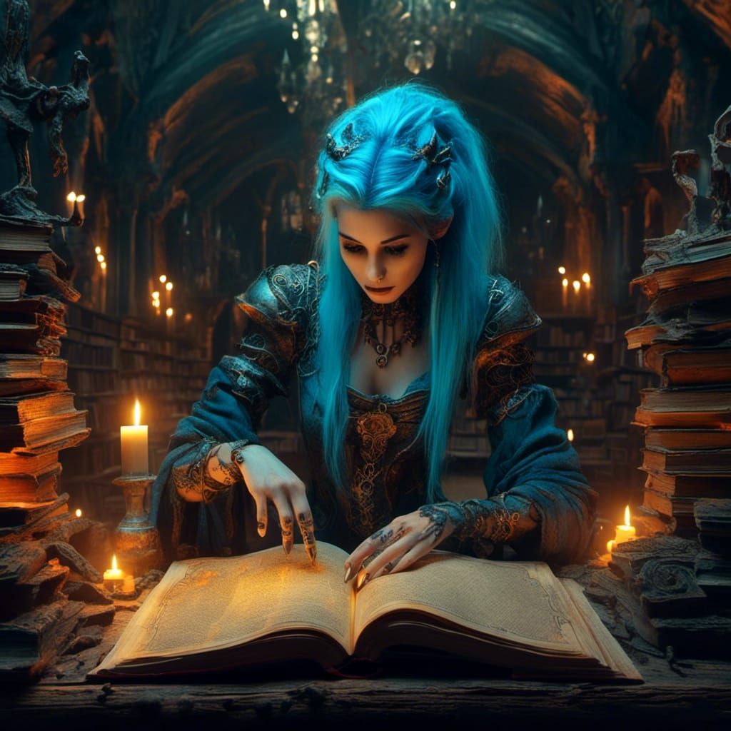 Gothic Woman Reading in Mystical Library