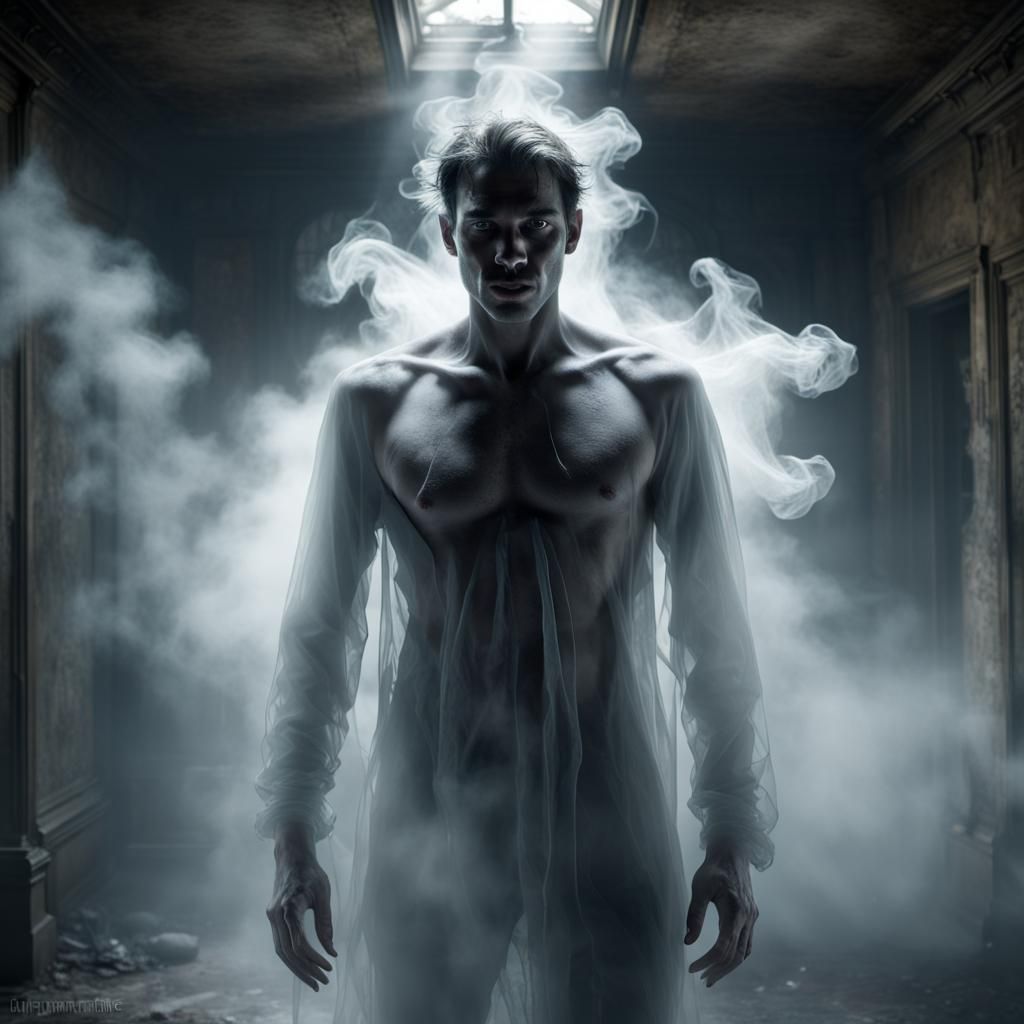 Eerie Ghostly Figure in Haunted House with Beauty