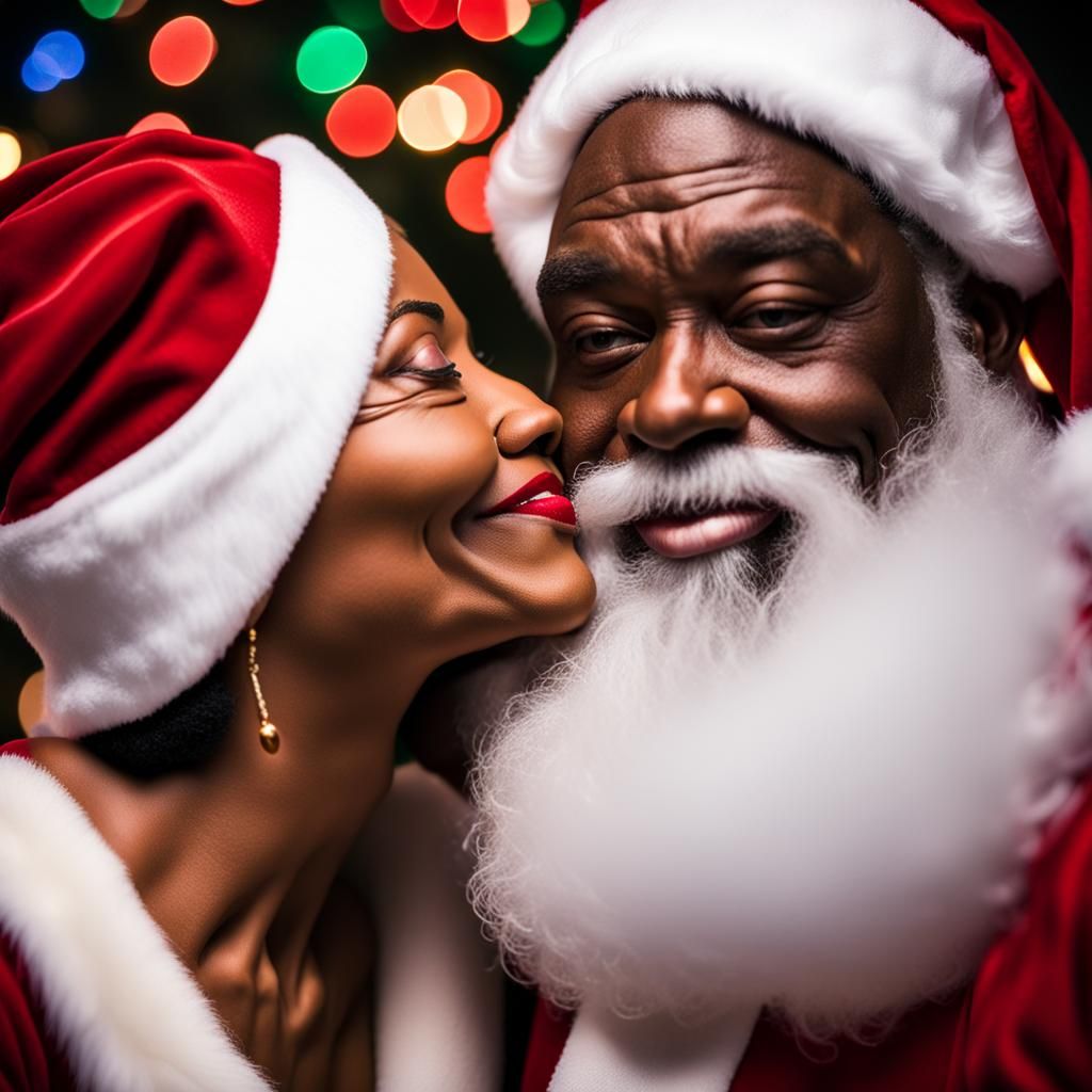 Black Santa and Mrs. Claus Kissing at Christmas