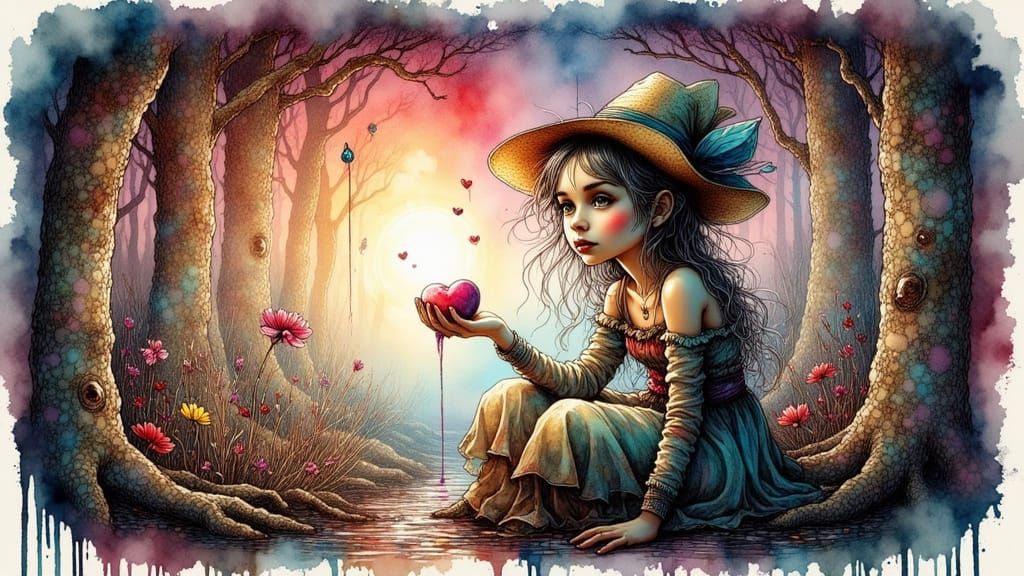 Mystical Forest Portrait with Ink and Watercolor