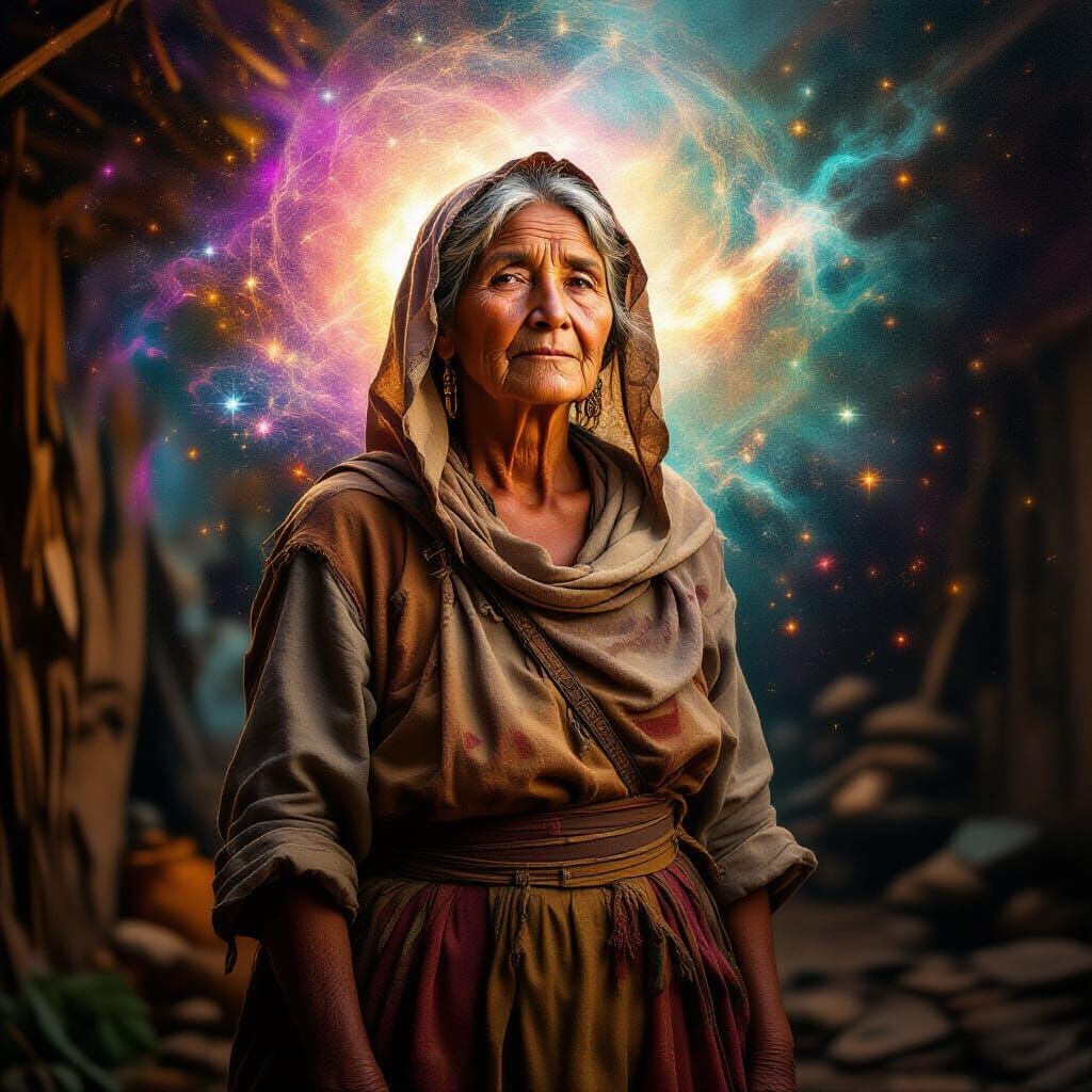 Cosmic Woman in Rustic Setting: A Blend of Realism and Dream