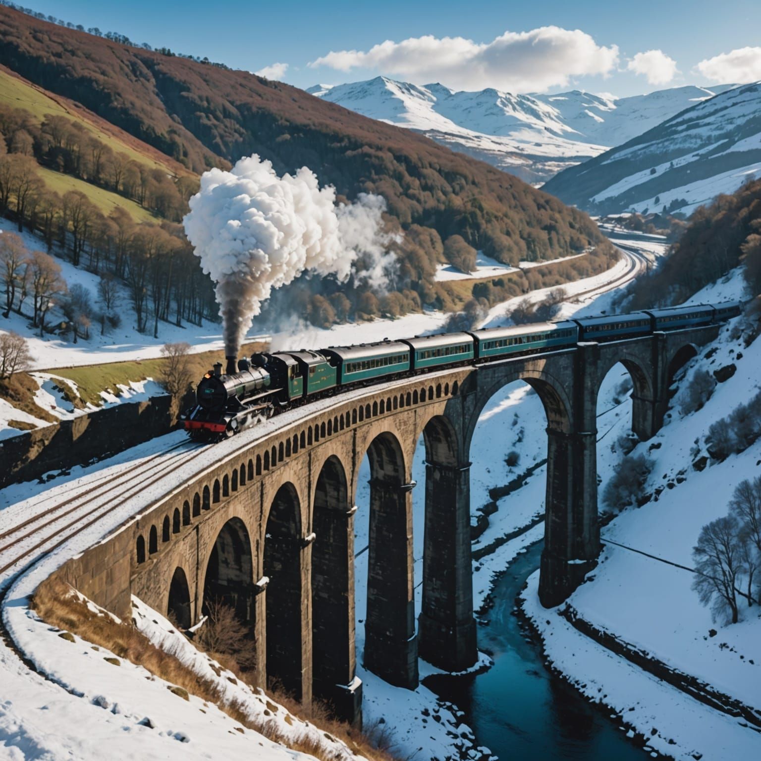 Steam Train Crosses Frozen Viaduct in Snowy Countryside